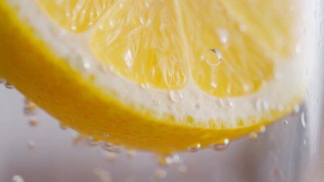 Closeup of fresh lemon slice slowly dropping into splashing water in slow motion
