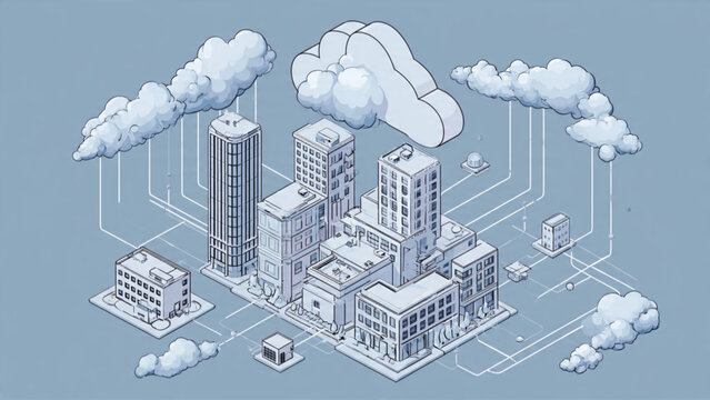 Isometric Cityscape with Cloudy Sky and Rain.