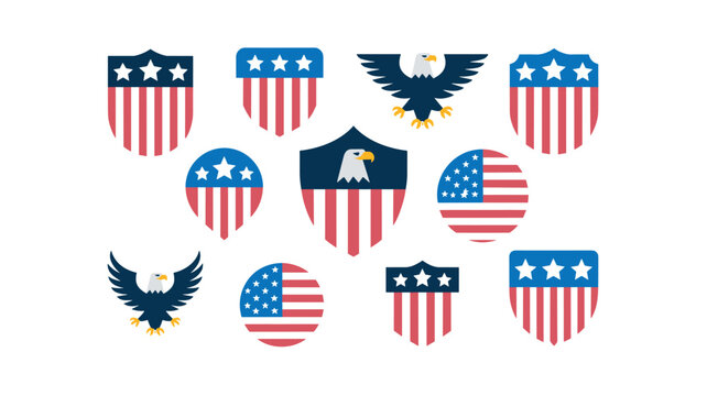 Assorted patriotic emblems comprising various shield shapes, circular flag motifs, and bald eagle illustrations are arranged on a uniform light gray background surface.