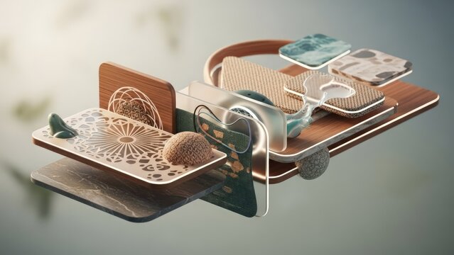 Abstract 3D composition of layered textured materials and decorative objects on floating platforms