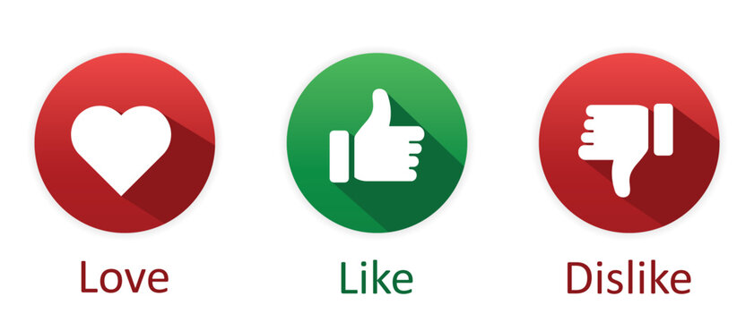 Love, Like and Dislike react icon red and green. Vector icons in red and green with shadows to express love, likes and dislikes. Love, like and dislike vector illuistration.