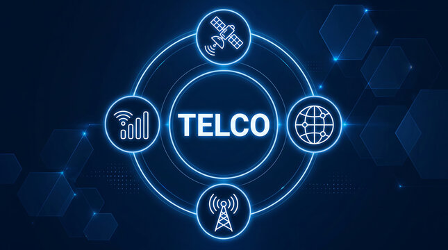 Telco Telecommunications Telecom services network, satelites, phone concept.