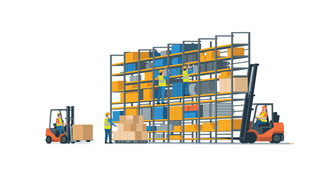 Warehouse employees use a forklift and a manual pallet jack to stack cardboard crates onto tall metal storage racks in a busy logistics fulfillment center setting.