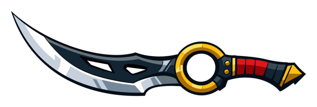 Curved fantasy dagger with a sharp silver blade, black guard, and red-wrapped handle, for gaming, medieval, or adventure concepts