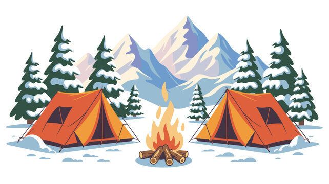 Two orange camping tents and a central campfire are arranged in a snowy landscape with tall coniferous pine trees and sharp mountain peaks in the far background.