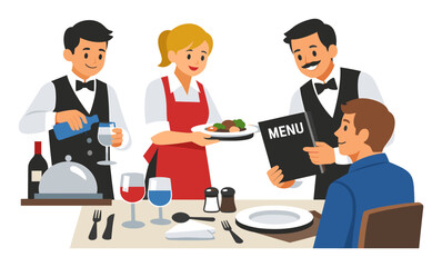 Fototapeta premium Restaurant staff giving professional service with menu, food, and drinks for a customer dining in a cafe or bar