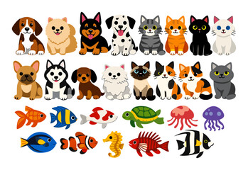 Naklejka premium Collection of cartoon dog and cat breeds, various tropical fishes, and other sea creatures on a white background