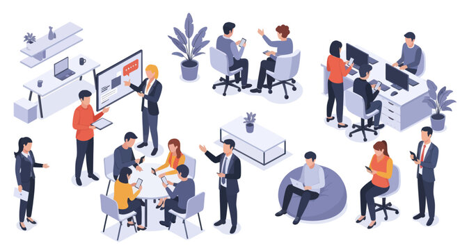 Isometric vector illustration of business people working and collaborating in a modern office space.