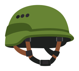 Obraz premium Green military helmet with chinstrap providing head protection. Illustrating soldier's tactical gear and safety equipment for combat