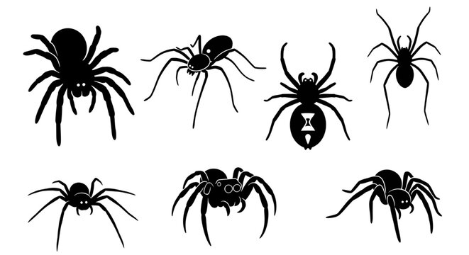 Diverse collection of spider silhouettes, perfect for Halloween decorations, creepy illustrations, and nature-themed designs. Vector set of various arachnid shapes for graphic projects