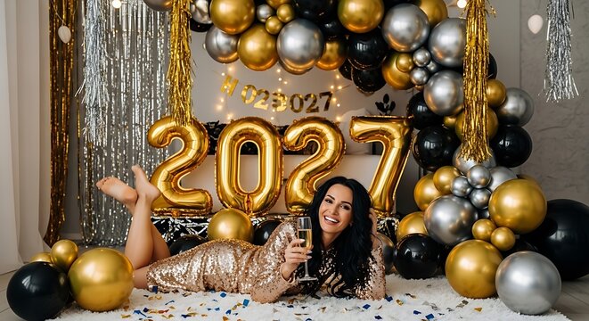 Happy New Year 2027 Celebration: Smiling Woman in Gold Sequin Dress Holding Champagne Glass with Luxury Black, Gold, and Silver Balloon Arch Decoration