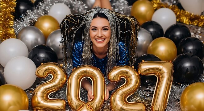 Happy New Year 2027 Celebration: Smiling Woman in Gold Sequin Dress Holding Champagne Glass with Luxury Black, Gold, and Silver Balloon Arch Decoration
