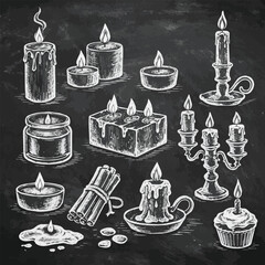 Isolated on Hand drawn candles collection on chalkboard vector art on white background © MdMasud