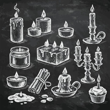 Isolated on Hand drawn candles collection on chalkboard vector art on white background