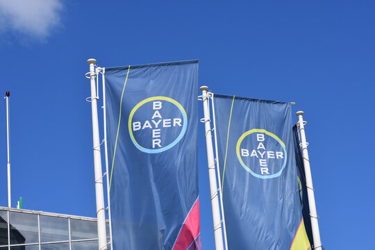 Bayer pharmaceutical company office, flags with emblem and logo. WARSAW, POLAND - APRIL 18, 2026