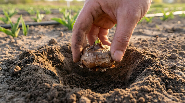 planting gladiolus bulbs in garden soil | spring gardening flower bulb planting | hands holding flower corm for planting | agricultural farming of gladioli flowers