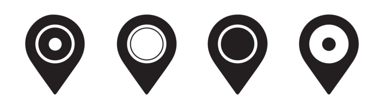 Map pointer icon variations, location marker, destination symbol, pin design, filled.