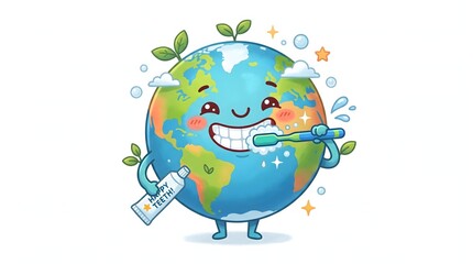 Naklejka premium Cute Earth character brushing teeth in a fun educational illustration about healthy habits.