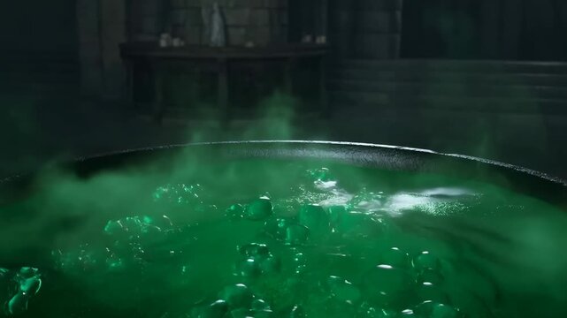 Bubbling green potion in a cauldron with mysterious steam in dimly lit room