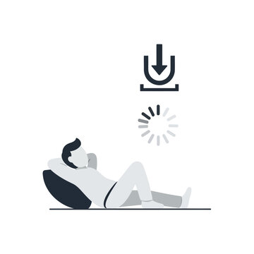 Man relaxing while waiting for download progress.