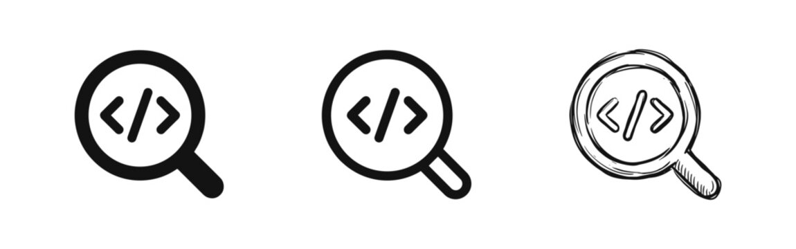 Programming code search icon set with magnifying glass in solid, line and hand drawn sketch styles