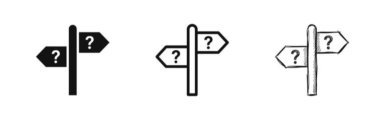 Direction Sign with Question Mark Icon Set - Decision Making and Confusion Symbols © drawing lines