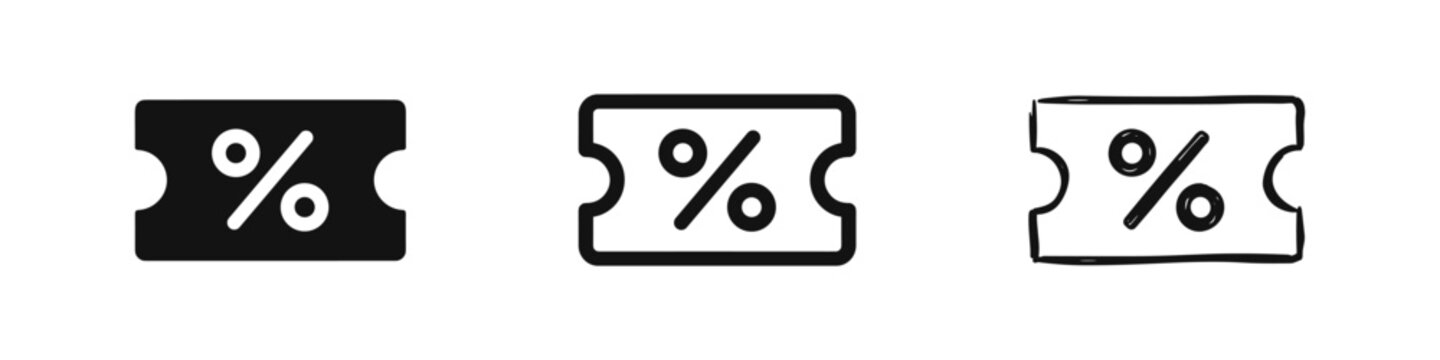 Discount Ticket Icon Set - Sale Coupon and Promotion Symbols with Percent Sign