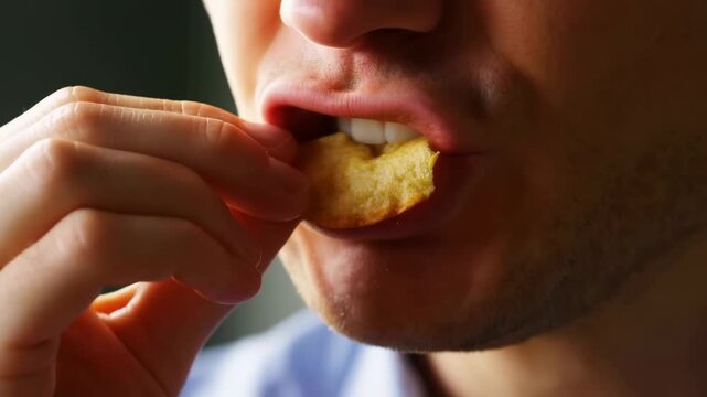 Man enjoying crispy potato chip with satisfying crunch in closeup