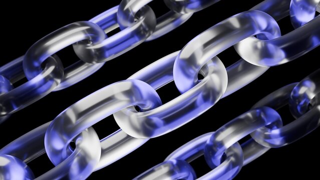 Abstract 3D background featuring glossy translucent glass chains with blue glow accents arranged diagonally on a dark background. Perfect for blockchain concepts and modern tech web banners