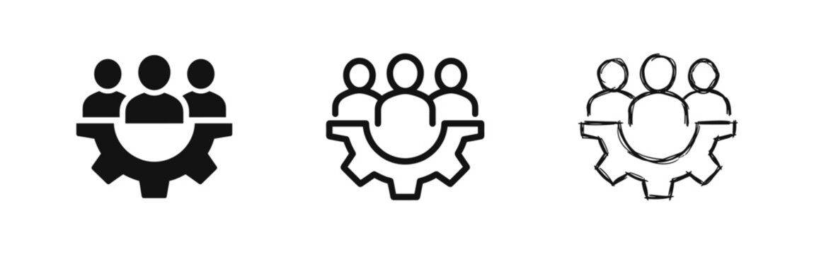Teamwork Management and Process Cooperation Icon Set with Gear