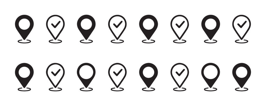 Comprehensive location pin icon set with checkmark verification symbols for approved places and marked points.