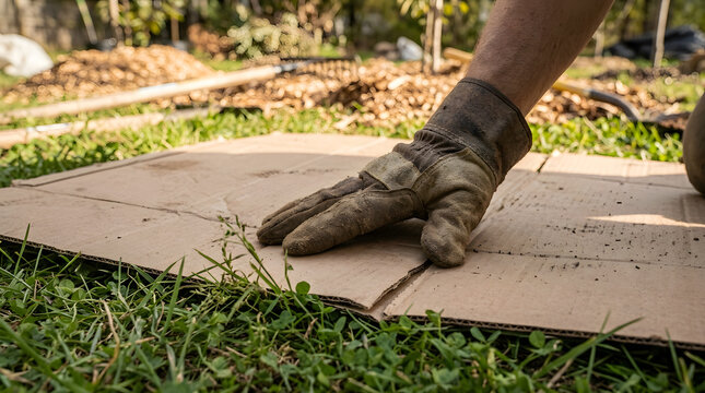 Cardboard sheet mulching for weed suppression | Sustainable gardening techniques for soil health | Person in work gloves preparing garden bed | No-dig gardening method with recycled cardboard