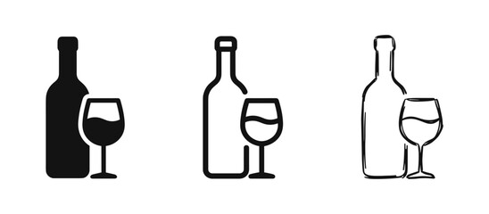 Obraz premium Wine bottle and glass icons set in solid, outline, and hand-drawn doodle styles