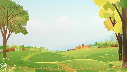 Fotobehang Boerderij Sky,Cloud background with green grass field, rolling hill, tree, meadow, and road.Cartoon illustration Spring landscape on watercolour paper textured.Illustration scenery natural countryside view  © Anchalee