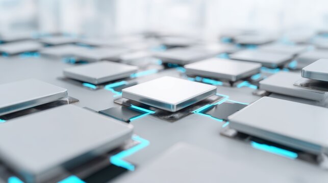 Futuristic microchips on a light surface, linked by glowing cyan lines. Representing data flow, smart technology, and connectivity