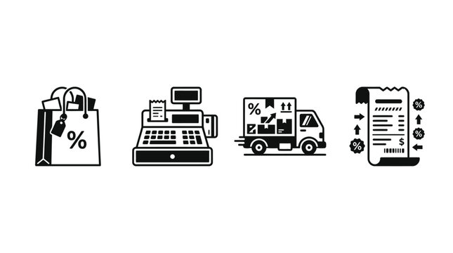 Retail icons including a discount bag, cash register, delivery truck, and financial receipt represent commercial sales and shipping activity.