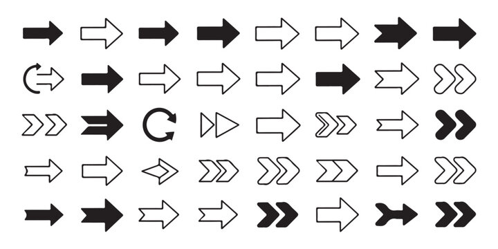 Comprehensive collection of directional and functional arrow icons for digital interface user experience design.