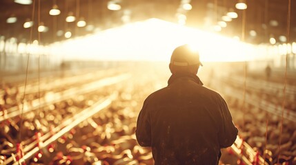 Fototapeta premium Farmer observing broiler chickens in a large, illuminated chicken house, checking environmental conditions for healthy growth
