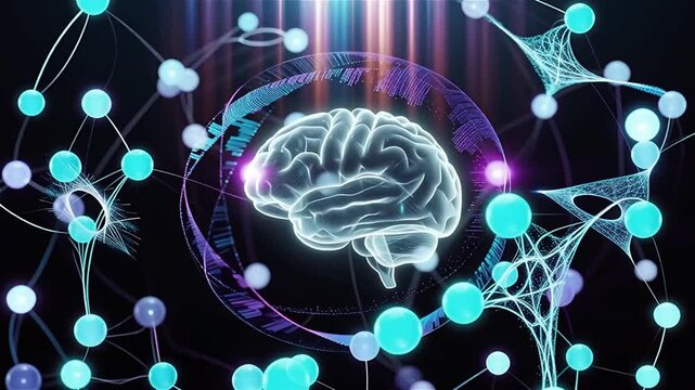Futuristic AI neural network 3D animation, glowing electric cyan and purple nodes with smooth flowing connection lines forming intelligent patterns
