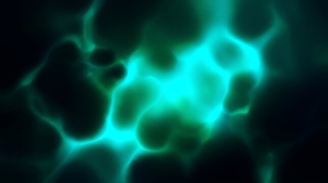Bioluminescent cellular structures glowing under microscope with ethereal blue light and abstract organic texture
