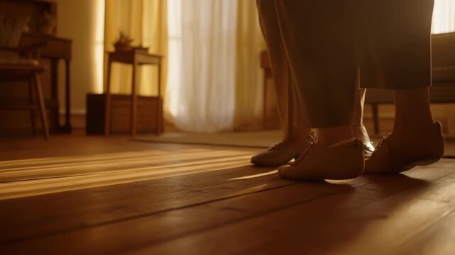 Sunlit bare feet standing on a wooden floor in a cozy interior