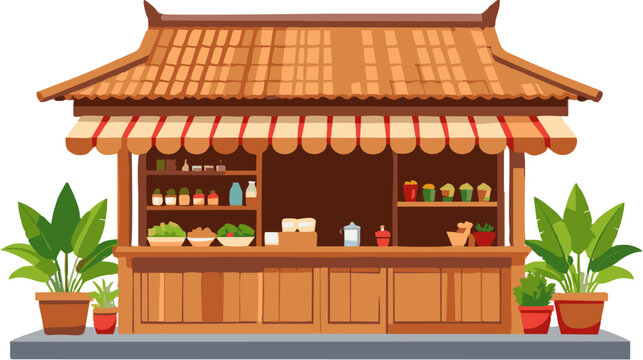 Traditional Indonesian Warung Street Food Stall Shop, Local Market Small Business, Flat Vector Illustration