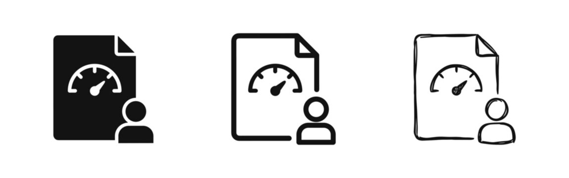 Performance Report Icon Set, Speedometer on Document with User, Rating Productivity