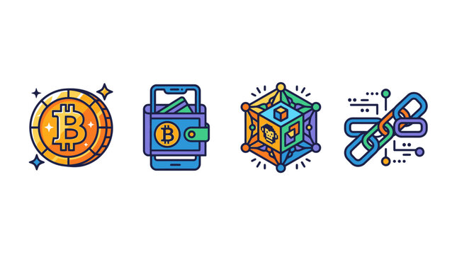 Cryptocurrency ecosystem icons demonstrate decentralized finance with bitcoin symbols, mobile crypto wallets, complex block structures, and cryptographic chain links for secure data.
