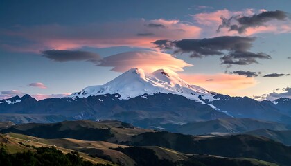Fototapeta premium Snowy mountain landscape at sunrise.