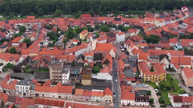  An Aerial view around the old town beside the city Gardelegen in east Germany on a cloudy spring day
