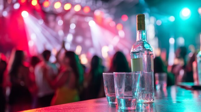 Nightlife scene capturing a bottle and empty glasses on a bar countertop with a blurry crowd dancing under colorful neon lights in background