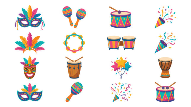 Carnival Celebration Icons: Masks, Drums, Maracas, Confetti, Party Poppers