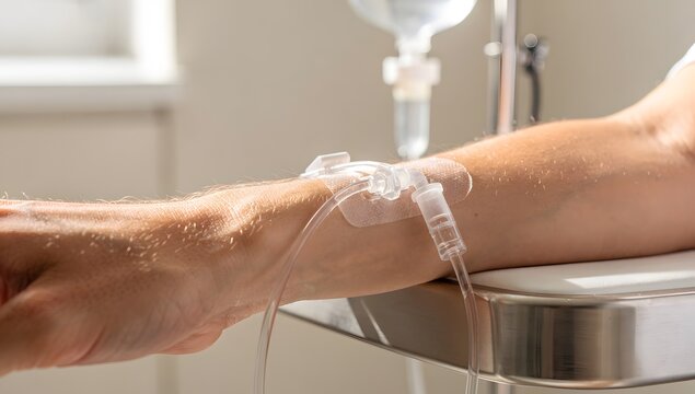 Hand IV drip vitamin infusion therapy in a bright clinic with transparent bag and tubing