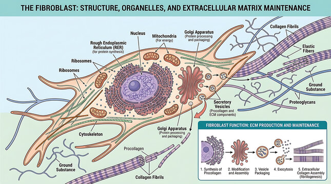 Microscopic detailed visualization of fibroblast cellular structure responsible for collagen synthesis and extracellular matrix maintenance within connective tissue biology and histology.